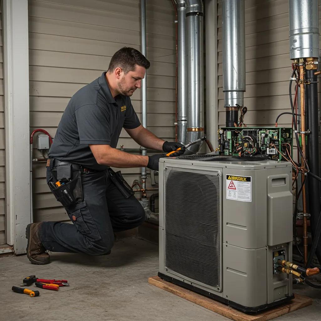 Technician inspecting a heat pump unit, highlighting HVAC expertise and service reliability