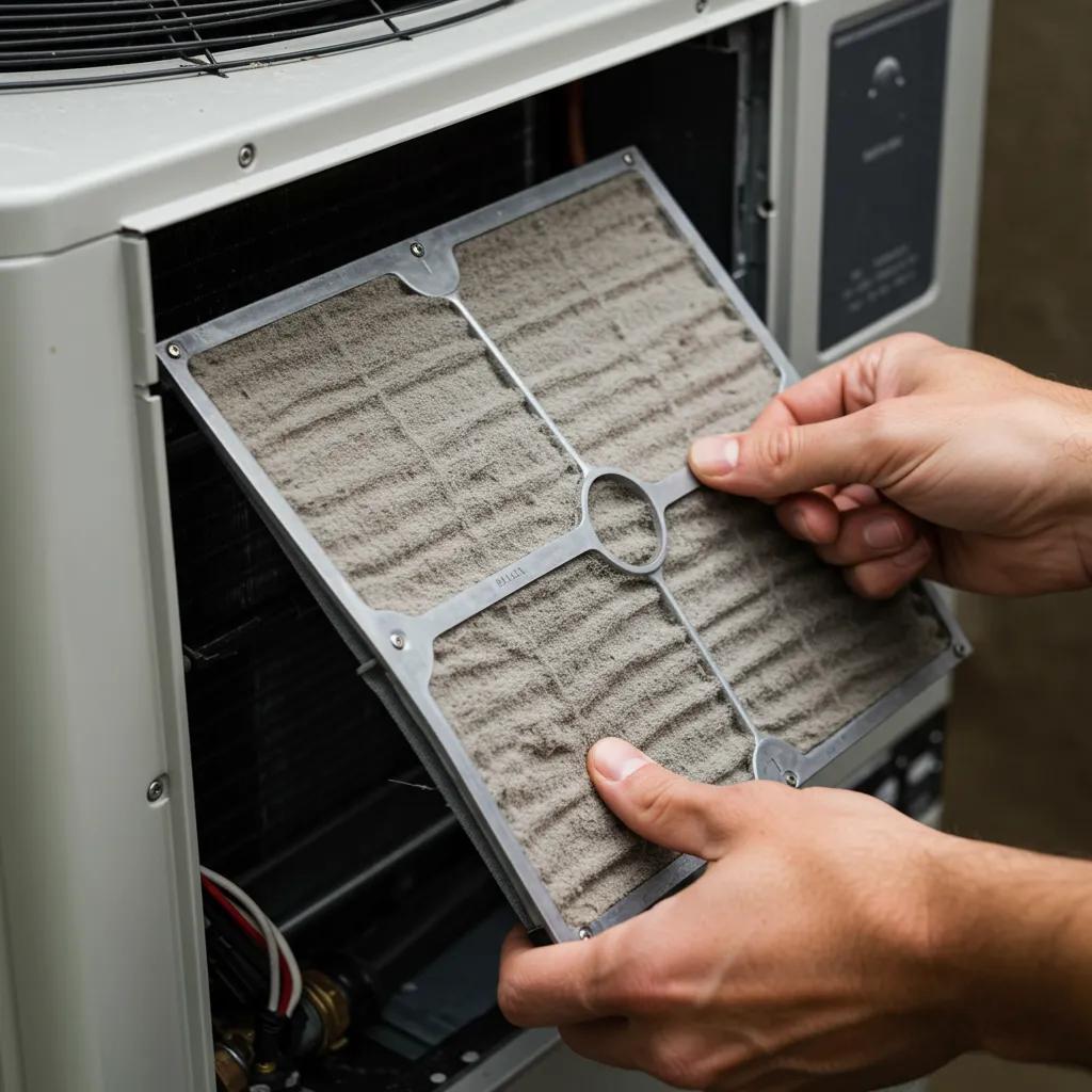 Technician replacing a dirty air filter in a heat pump, illustrating maintenance for improved airflow