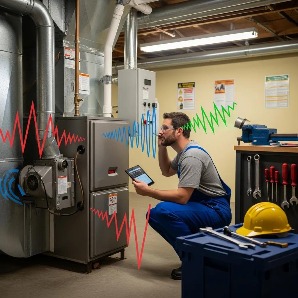 Solve Common Furnace Problems: Essential Tips & Solutions 2 Technician inspecting a furnace with sound waves represented, illustrating the importance of diagnosing furnace noises