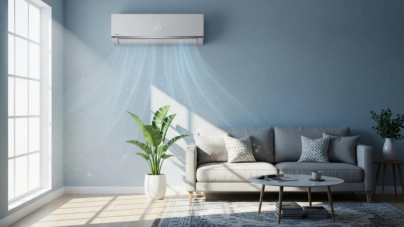 Modern air conditioning unit in a bright living room, illustrating cooling solutions